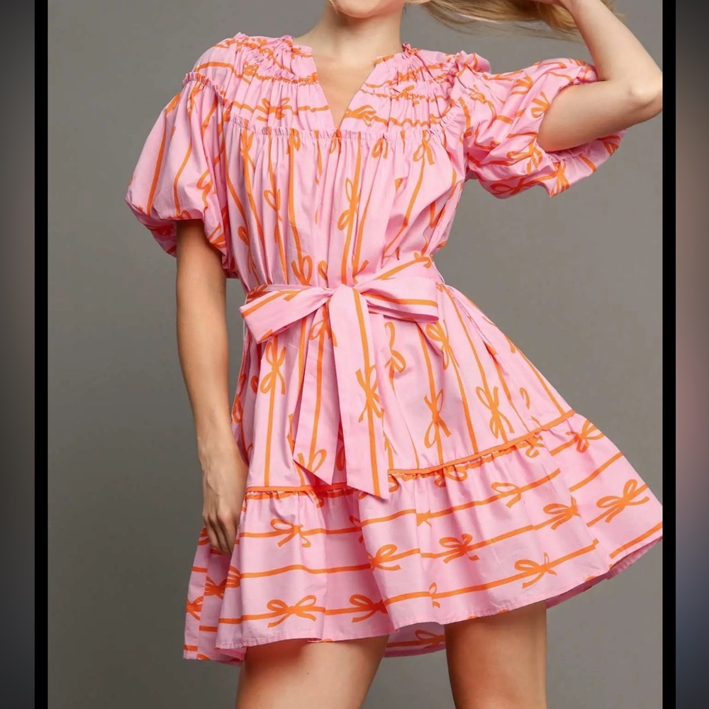 Umgee Small Pink Midi Dress with Orange Bow Print and Puff Sleeves with belt
